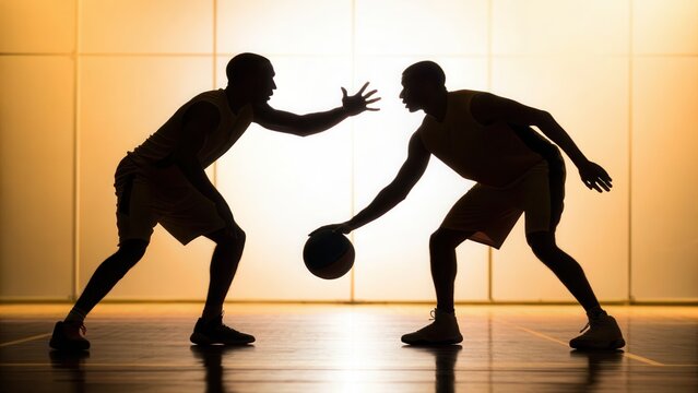 Dynamic basketball game scene showcasing athletes in action with silhouette photography, emphasizing teamwork, athleticism, movement, and competitive energy in sports environment - Powered by Adobe