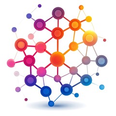 Complex interconnected network of colorful nodes and lines on photo white abstract connection