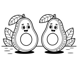 Cute happy avocado characters, black and white coloring page for kids