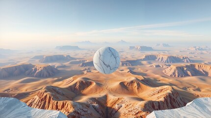 abstract panoramic scene with floating marble ball over mountainous landscape