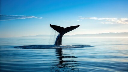 Majestic whale tail rising from the calm ocean during serene marine wildlife scene with vibrant blue water and clear sky, highlighting marine life and ocean environment