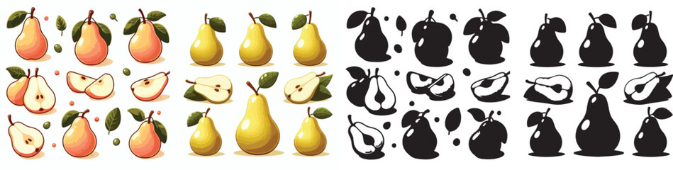 Set of vector and shilhouttes images of pears on a white background