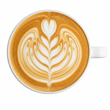 Overhead view of a latte with intricate latte art isolated on white background
