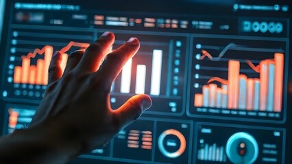 Hand touching digital dashboard displaying business charts and futuristic analytics interface