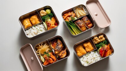 Set of open bento boxes with rice, fried meat and fish, salad and vegetables