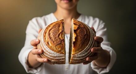 Artisan sourdough bread sliced in half and presented by baker, perfect for healthy eating and culinary content, bakery promotion or recipe inspiration