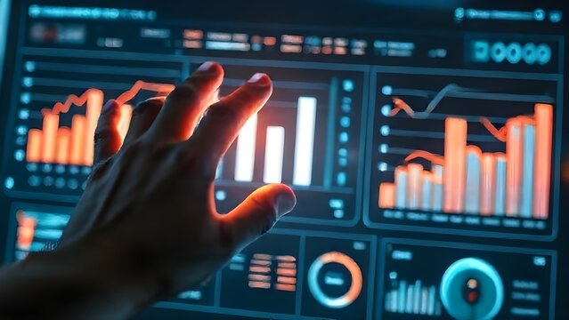 Hand touching digital dashboard displaying business charts and futuristic analytics interface