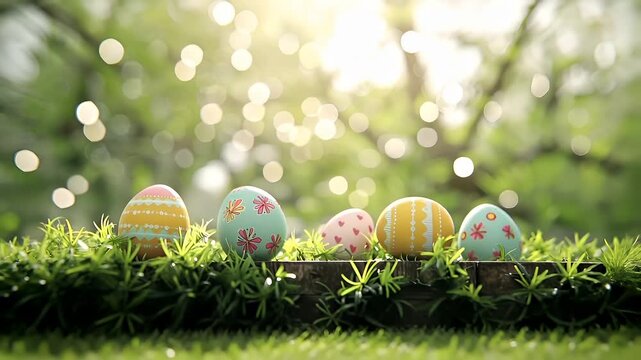 Easter bunny. Easter eggs on grass with bokeh background.