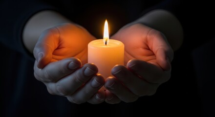 Hands holding a lit candle in the dark, symbolizing hope and remembrance