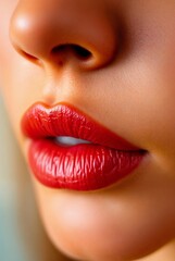 close up of part of woman's face, featuring smooth skin and lips covered with vibrant red lipstick