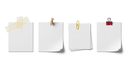 Blank notes attached with various office supplies on white