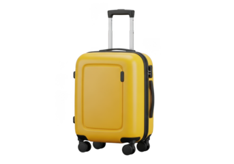 A yellow suitcase with black accents and a retractable handle, isolated on transparent background