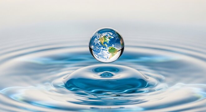 Stunning Earth reflection in a water drop promoting global conservation and ecological balance, ideal for environmental campaigns or sustainable business concepts