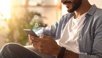 Man Using Smartphone With Social Media Icons Floating Above Screen Bright Sunlight In Background Horizontal Orientation