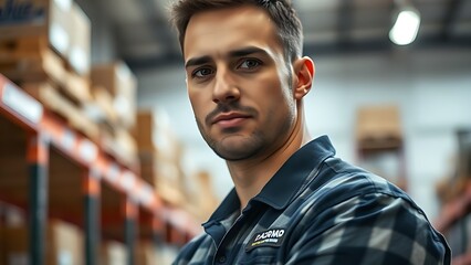 Fototapeta premium bluecollar. Focused warehouse worker in a softly lit industrial environment with blurred storage shelves. safety posters.
