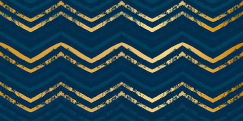 Gold and blue Christmas pattern, zigzag stripes seamless vector background. Abstract chevron lines, striped lines print