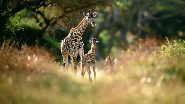 A vivid portrayal of a giraffe family in a natural setting. The giraffes are the main subjects, with the adult giraffe standing tall and the baby giraffe nestled close to its mother.
