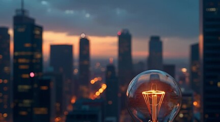 Illuminated light bulb standing against a blurred metropolitan skyline at dusk symbolizing global ideas innovation and urban energy efficiency.