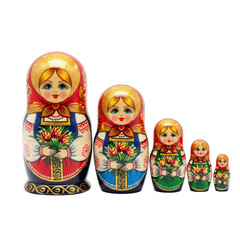 Colorful russian matryoshka dolls with family of five on transparent background