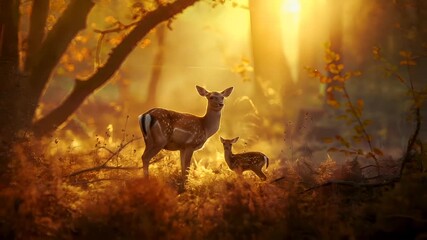 A vivid portrayal of a deer and fawn in a serene forest setting during what appears to be the golden hour, with sunlight filtering through the trees and casting a warm.