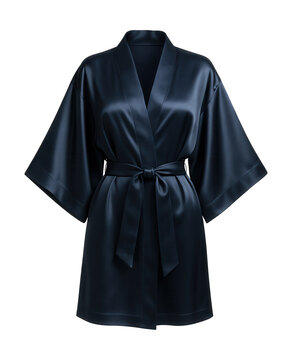 Satin kimono wrap robe with wide sleeves and a matching belt.