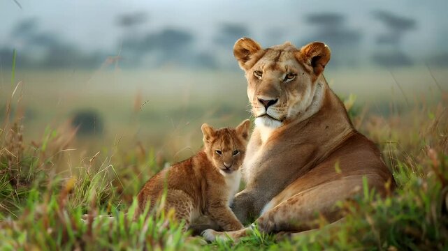 A mother lion and her cub resting in a grassy field. The lioness and cub are positioned close together, with the mother slightly leaning towards the cub. The grassy terrain is lush and green.