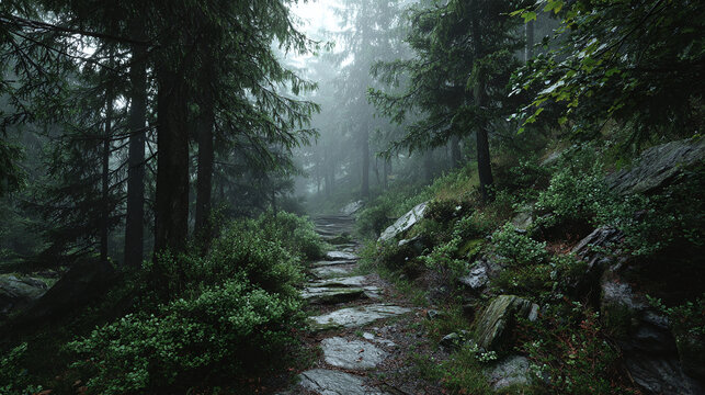 A mysterious path leads through a foggy forest, with tall trees and lush vegetation. The atmosphere is serene and calming, yet filled with a sense of wonder and adventure. 
