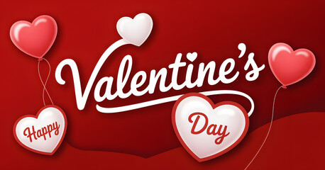 "Happy Valentine’s Day Heart Balloons Typography Design on Red Background – Romantic Love Greeting Card Vector"