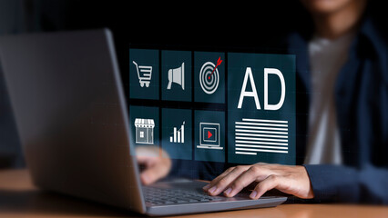 Online sales concept for digital marketing. Businessman using laptop with advertising dashboard. Digital marketing strategy analysis for branding, online advertising, website and social media