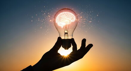 Empowering ideas and innovation with glowing brain inside lightbulb held against vibrant sunset sky, symbolizing creativity, intelligence, and inspiration