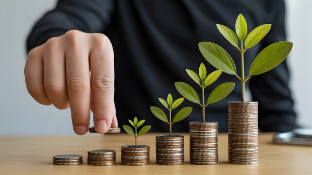 hand with coins and plant