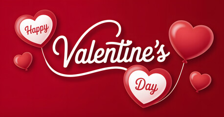 "Happy Valentine’s Day Heart Balloons Typography Design on Red Background – Romantic Love Greeting Card Vector"