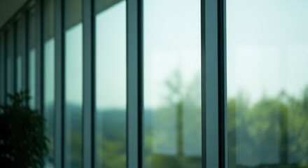 Naklejka premium Modern office building interior with large windows overlooking green trees
