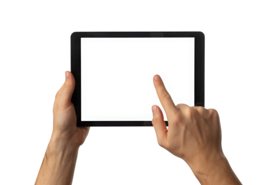 Hands holding a tablet computer with a blank screen and finger touching it isolated on transparent background - Powered by Adobe