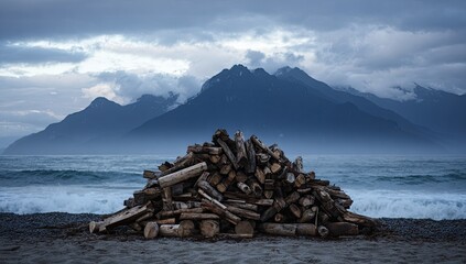 A driftwood pile on the beach with mountains and cloudy sky
