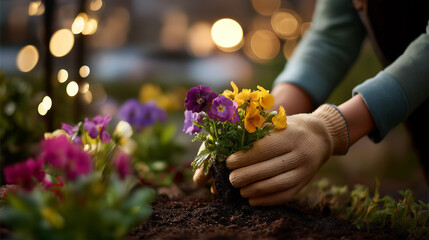 Close up of faceless hands in gloves planting vibrant spring flowers in soil defocused garden background with bokeh light colorful blooms in sharp focus seasonal planting work