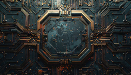 Detailed abstract circuit board pattern with complex connections and space for custom text or graphics display