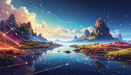 Mountain lake surrounded by abstract network connection lines offering a fresh perspective and space for text area