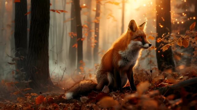 A vivid portrayal of a fox in a misty forest setting. The fox, with its reddishbrown fur, sits amidst the fallen leaves, its gaze directed forward. The forest backdrop is dense with trees.