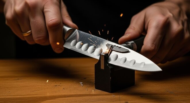 Close-up of hands sharpening a kitchen knife, sparks flying