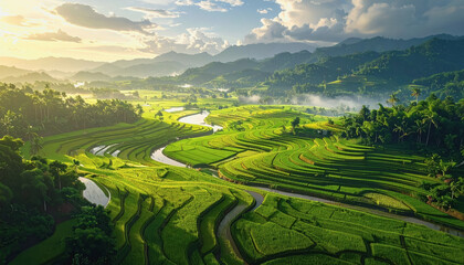 Stunning aerial view of beautiful landscape featuring rice fields with natural patterns and open sky for text area