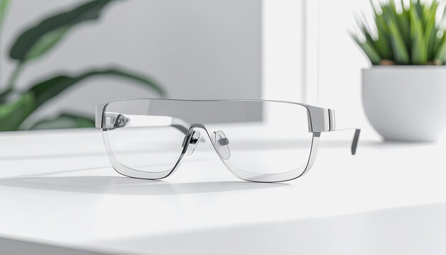 Innovative augmented reality glasses resting on a modern white desk showcasing the future of technology and design - Powered by Adobe