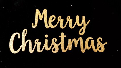 black background words merry christmas written gold glitter text written cursive font center word christmas slightly larger than rest text slightly slanted right glittery gold color gives text