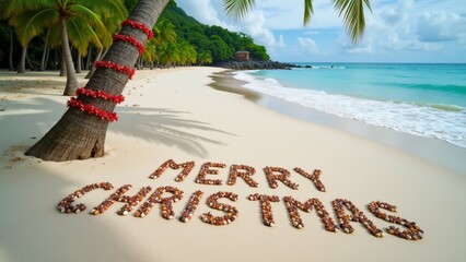 beautiful tropical beach scene clear blue sky turquoise water beach lined palm trees both sides small hut right side sand white few small pebbles scattered around words merry christmas written sand