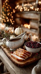 Sliced roast turkey breast served on a wooden board with cranberry sauce and gravy. A cozy Thanksgiving festive decorations