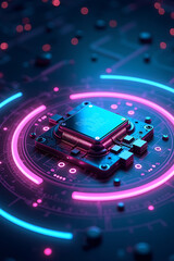 A futuristic microchip is centered, surrounded by glowing neon circles and digital patterns, suggesting advanced technology.
