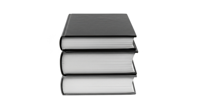 A stack of three hardcover books with black covers and white pages, isolated on a transparent background, representing knowledge and education