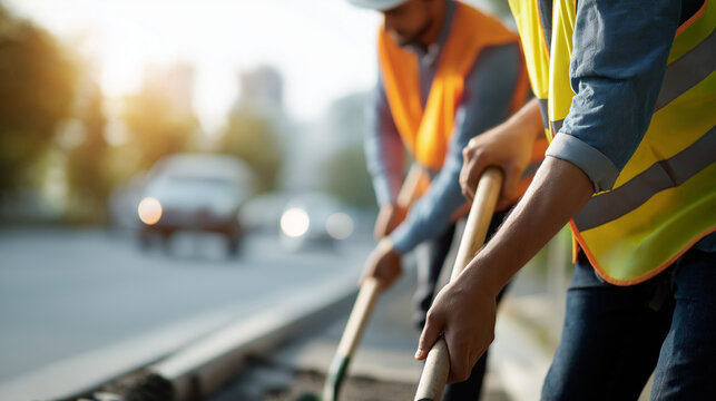 Faceless construction workers' torsos in bright reflective vests using shovels defocused road carriageway in background manual labor highway maintenance infrastructure repair