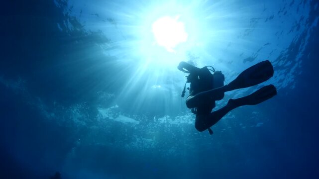 scubadiver ascending to the surface underwater with sun beams and rays