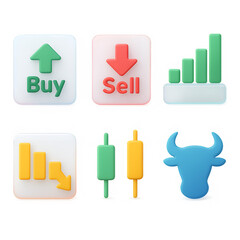 Trading and stock market 3D icon set with buy sell buttons, bullish symbol, and candlestick chart for investing, fintech dashboards, and finance apps. Transparent background. Soft pastel 3D style.
